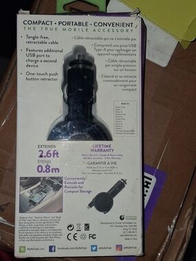 ReTrak Premier Retractable Lightning Car Charger with Extra USB Port - NIB